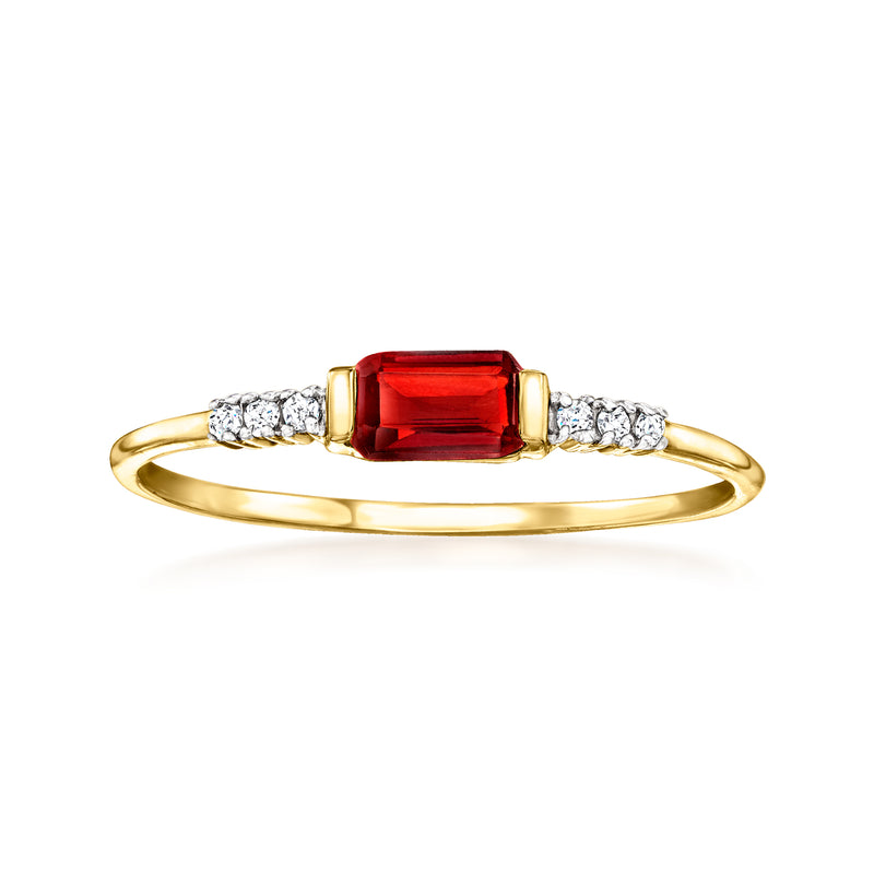 14kt yellow gold garnet and diamond ring with emerald-cut red center stone and side diamonds