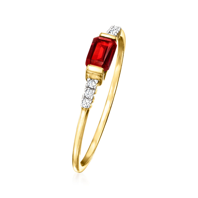 14kt yellow gold garnet and diamond ring with emerald-cut red center stone and diamond accents