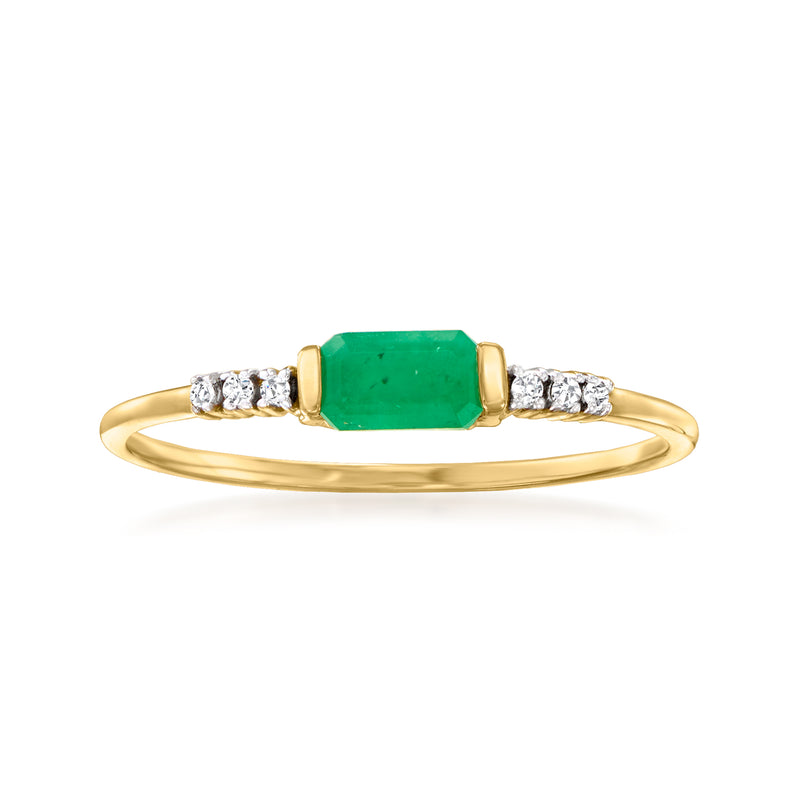 14kt yellow gold emerald cut ring with diamond band and green emerald center