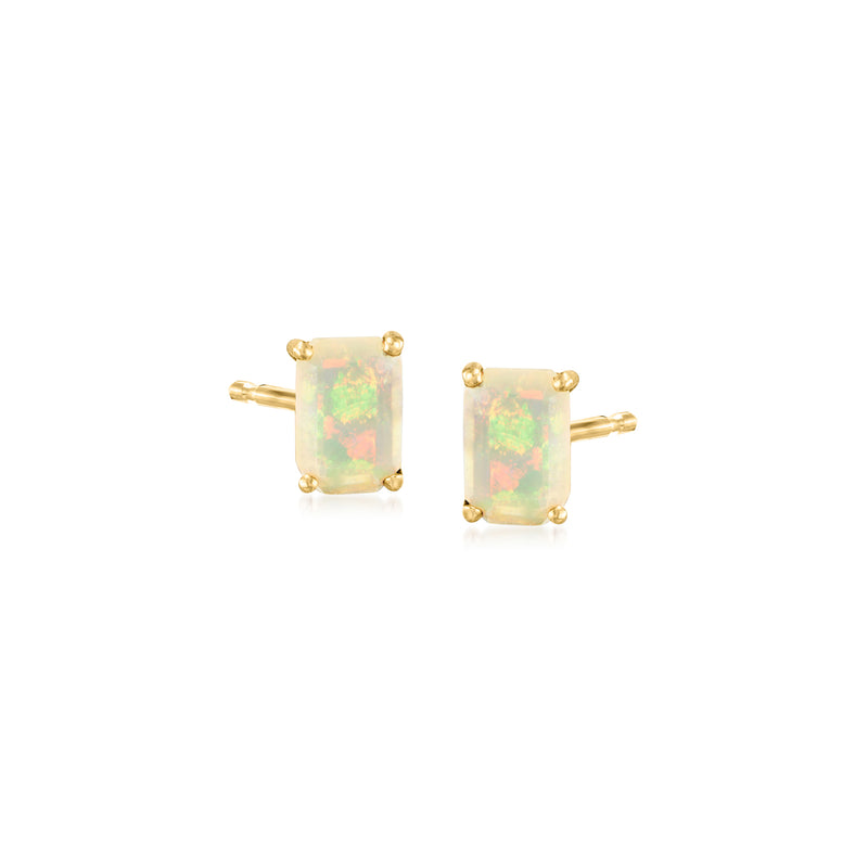 14kt yellow gold opal stud earrings with square prong-set opal, gold posts