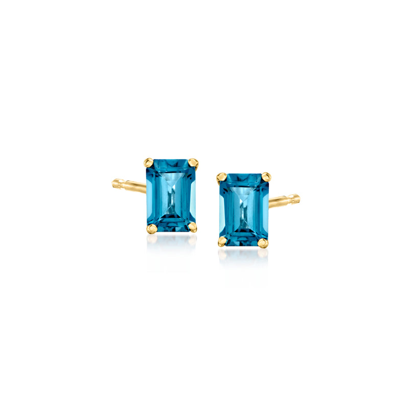 14kt yellow gold blue topaz stud earrings with rectangular-cut stones