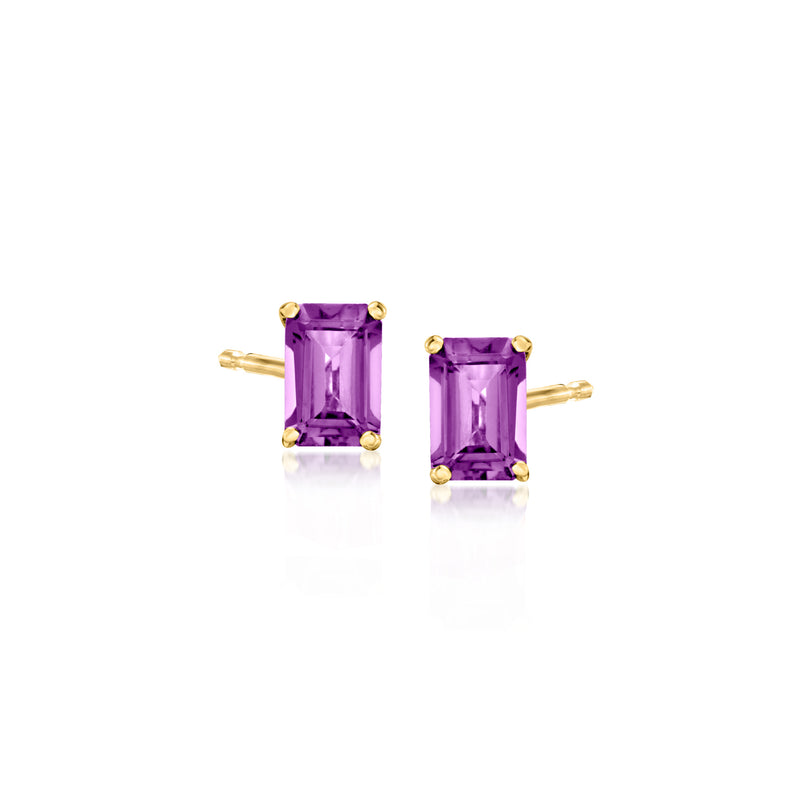 Amethyst stud earrings in 14kt yellow gold with square-cut purple gemstones
