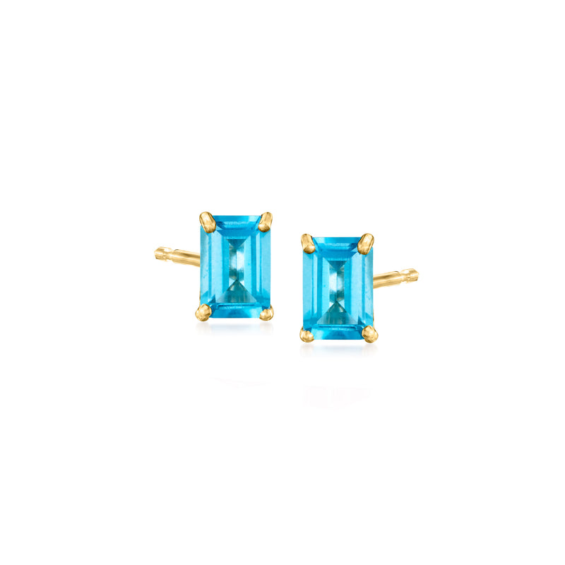 14kt yellow gold blue topaz stud earrings with rectangular gemstones