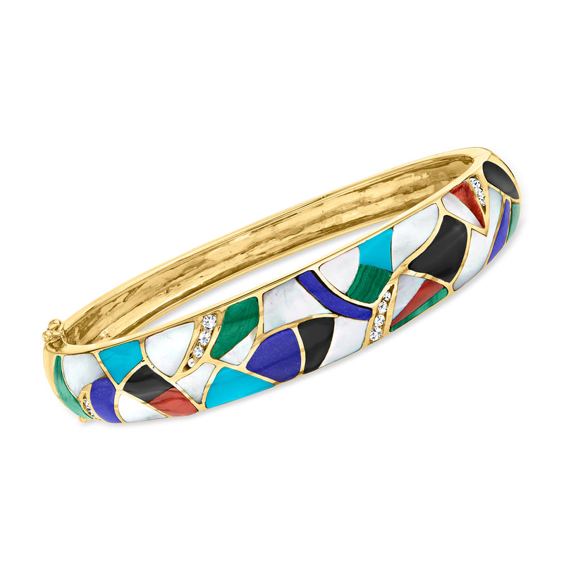 14kt yellow gold vintage bangle bracelet with multicolor gemstone inlay and diamond accents