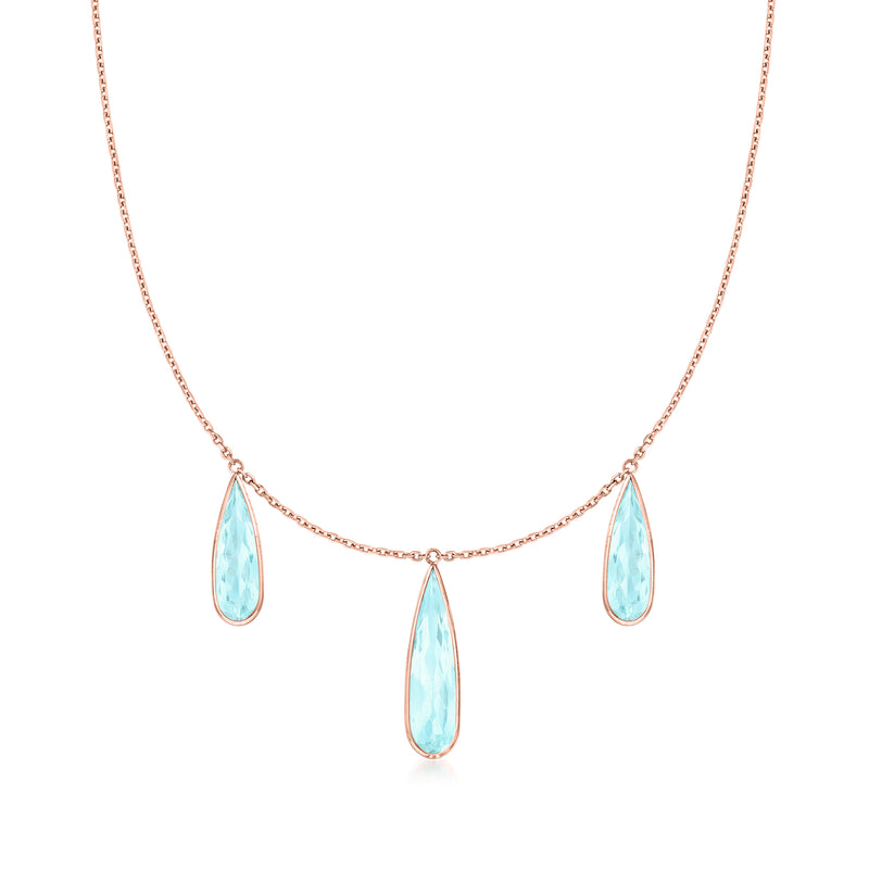 14kt rose gold aquamarine drop necklace with three teardrop blue stones