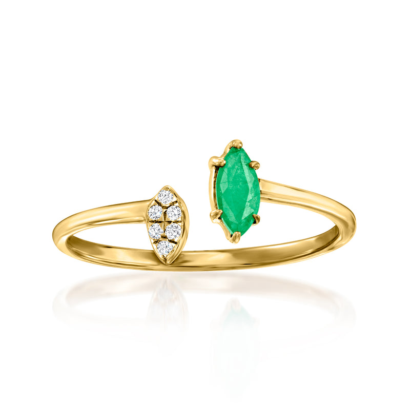 14kt yellow gold open-space ring with oval emerald-green gemstone and diamond accents