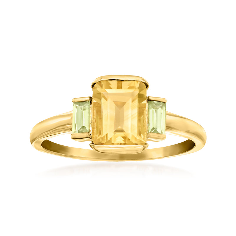 14kt yellow gold ring with rectangular citrine center and peridot side stones