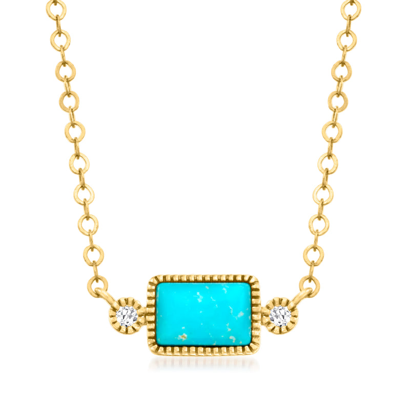 14kt yellow gold necklace with turquoise rectangular pendant and round diamond accents