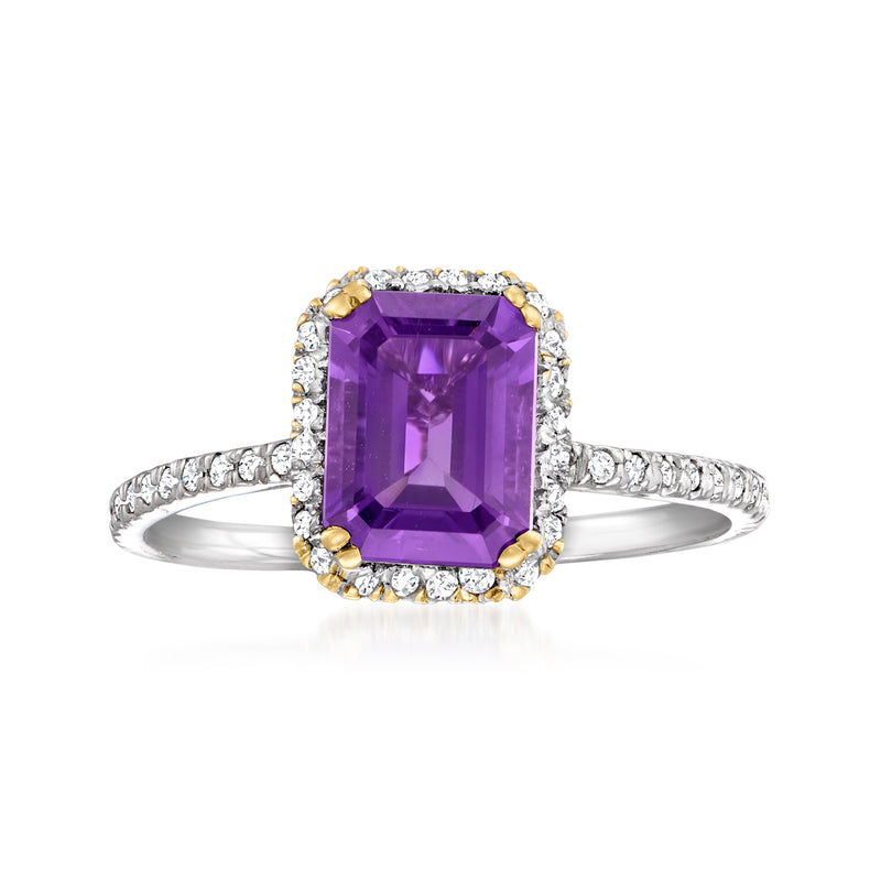 Amethyst and diamond ring with square-cut purple gemstone and white-gold halo