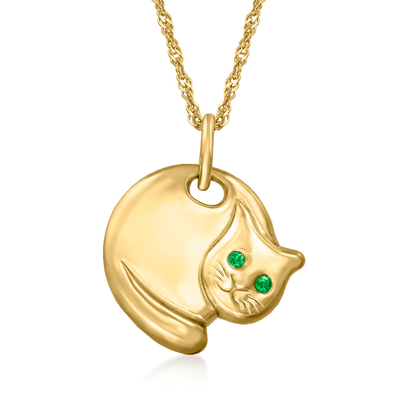 Gold cat pendant necklace with curled design and green eye accents on link chain