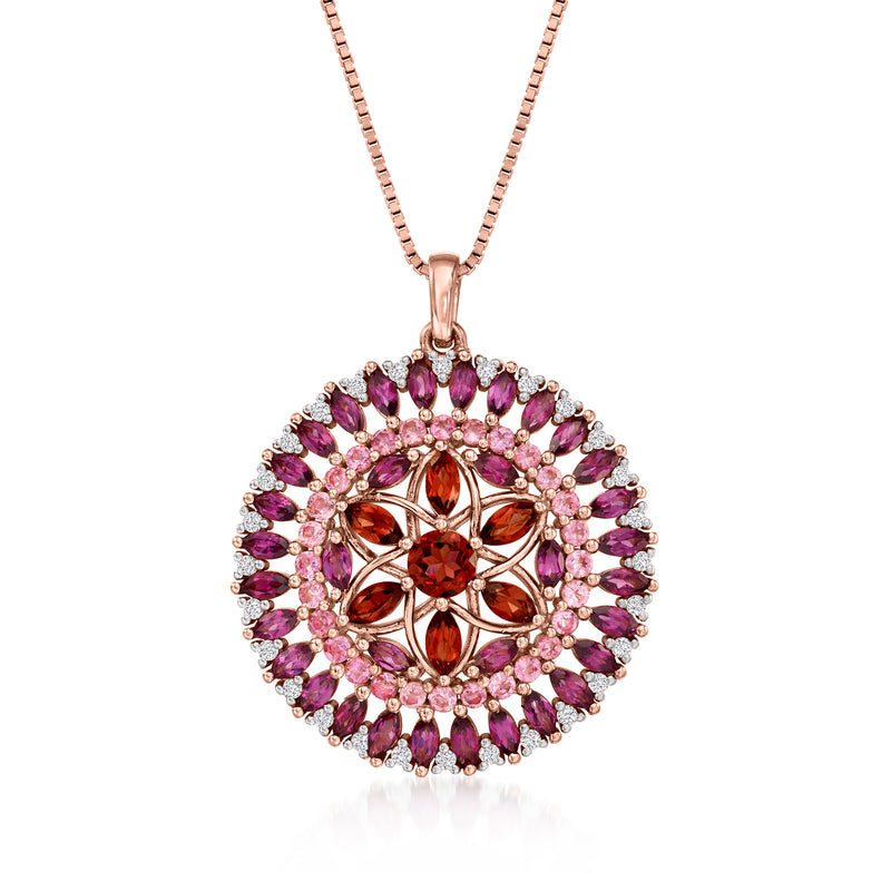 Rose gold cluster pendant necklace with round pink and purple gemstone halo and red center stone