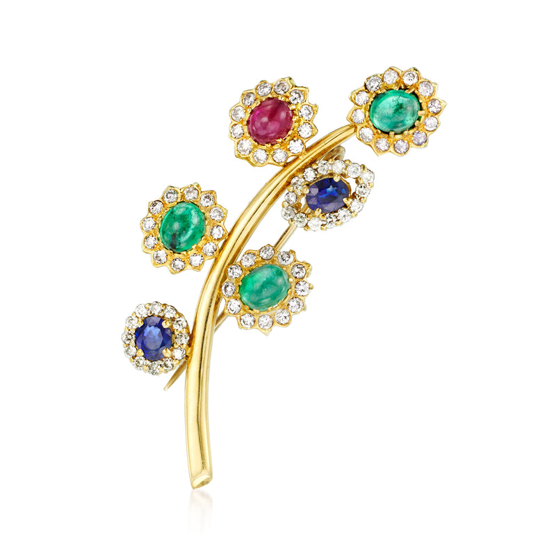 18kt yellow gold flower pin with oval multi-gemstones and diamond accents, curved design