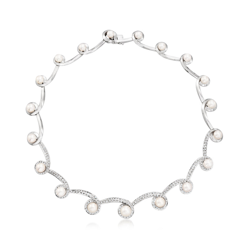 Cultured pearl and diamond graduated swirl necklace in 18kt white gold