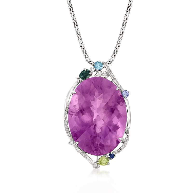 Oval purple amethyst pendant with diamond setting and small multi-gem accents, white gold chain