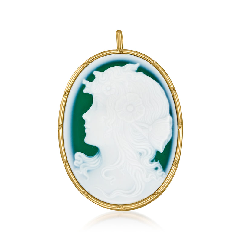 18kt yellow gold oval cameo pendant with white profile on green agate backing