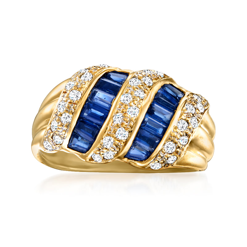 18kt yellow gold sapphire and diamond stripe ring with three blue baguette stones