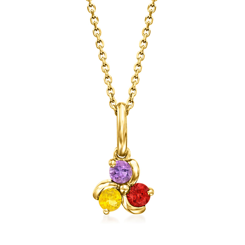 14kt yellow gold multi-gemstone pendant necklace with round purple, yellow, and red gems