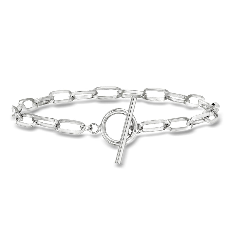 Sterling silver paperclip link toggle bracelet with bar and circular clasp