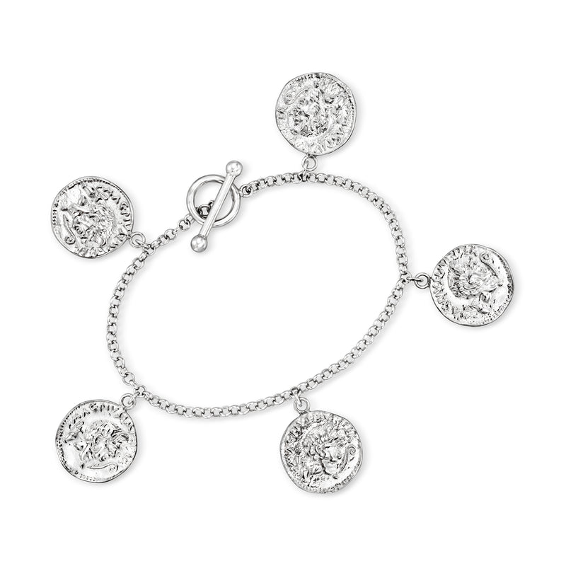 Silver coin charm bracelet with round replica coin pendants and chain links