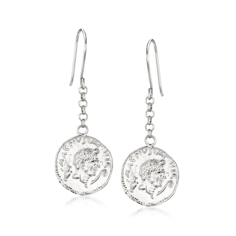 Silver coin drop earrings with circular coin charm and hook earwires