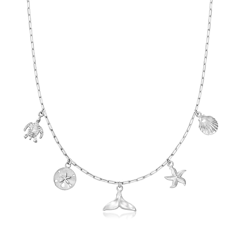 Sterling silver sea life charm paper clip link necklace with turtle, shell, starfish, fish tail