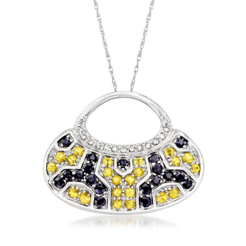 Purse pendant necklace with sapphire and diamond mosaic in white gold