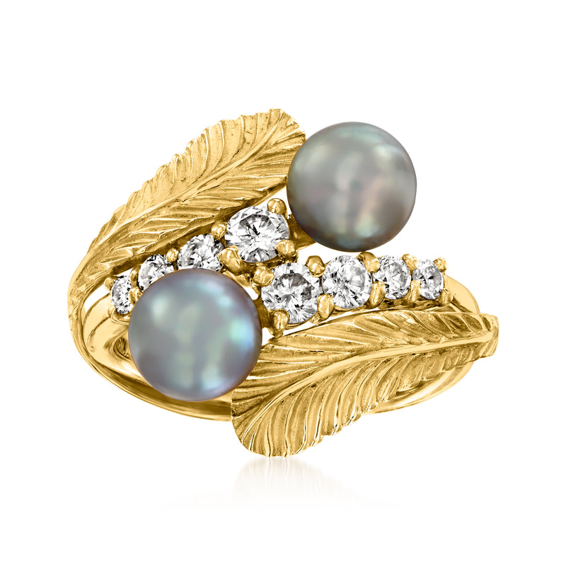 18kt yellow gold leaf bypass ring with two cultured gray pearls and diamond accents