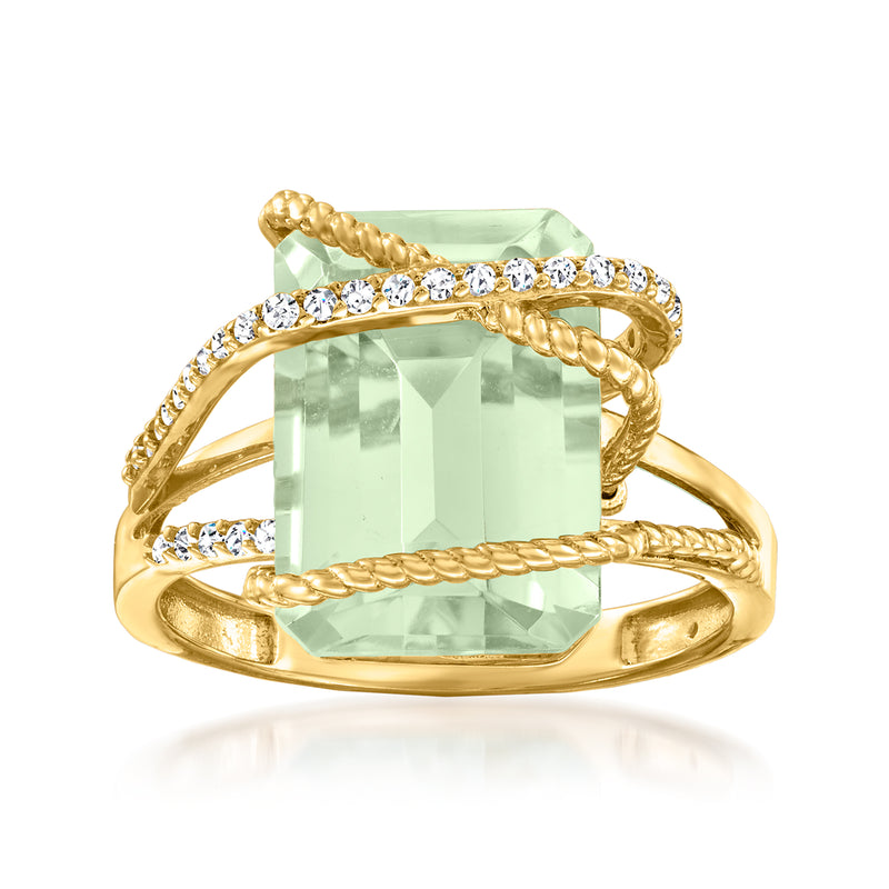 14kt yellow gold prasiolite square ring with diamond side accents