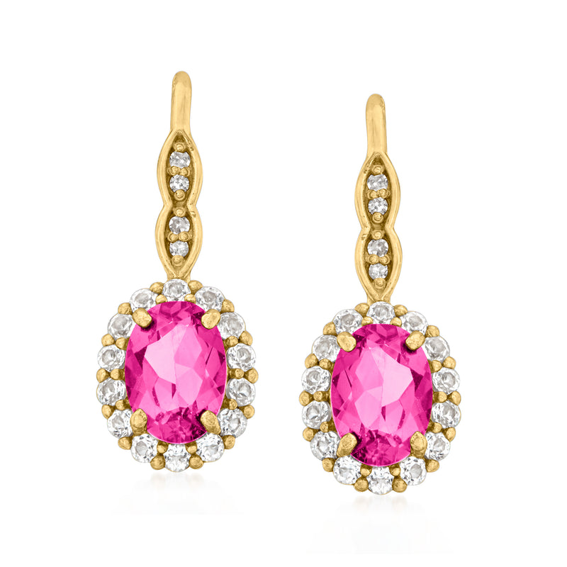 14kt yellow gold leverback drop earrings with pink oval topaz and white diamond halo