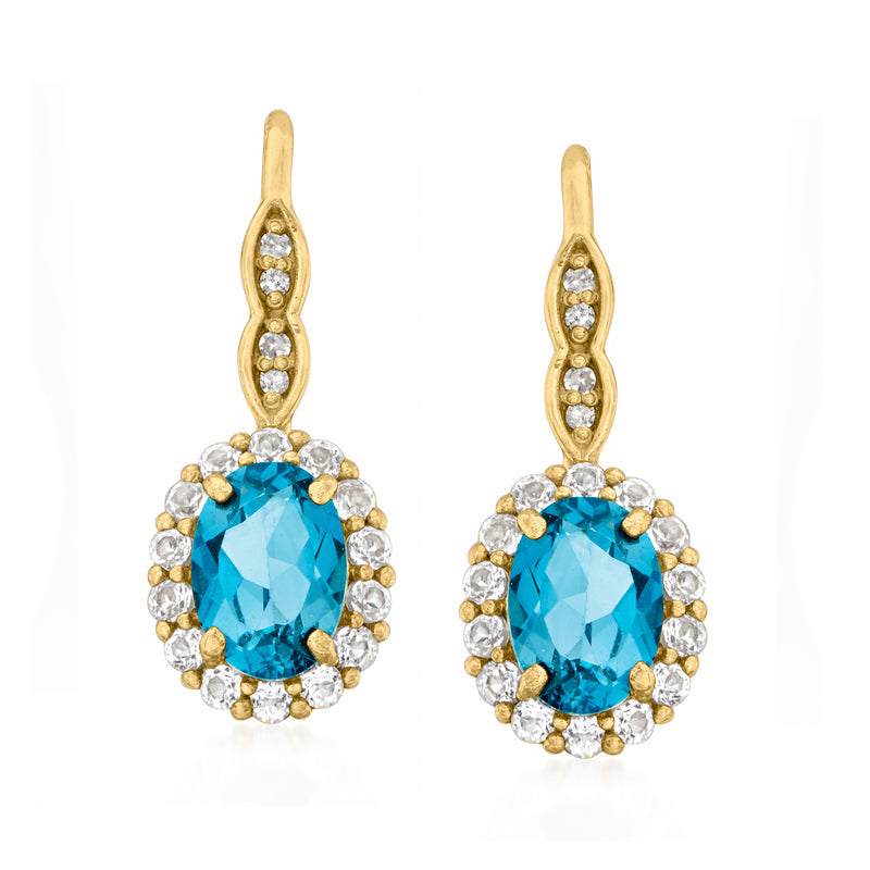 Yellow gold leverback drop earrings with oval London blue topaz and white diamond halo