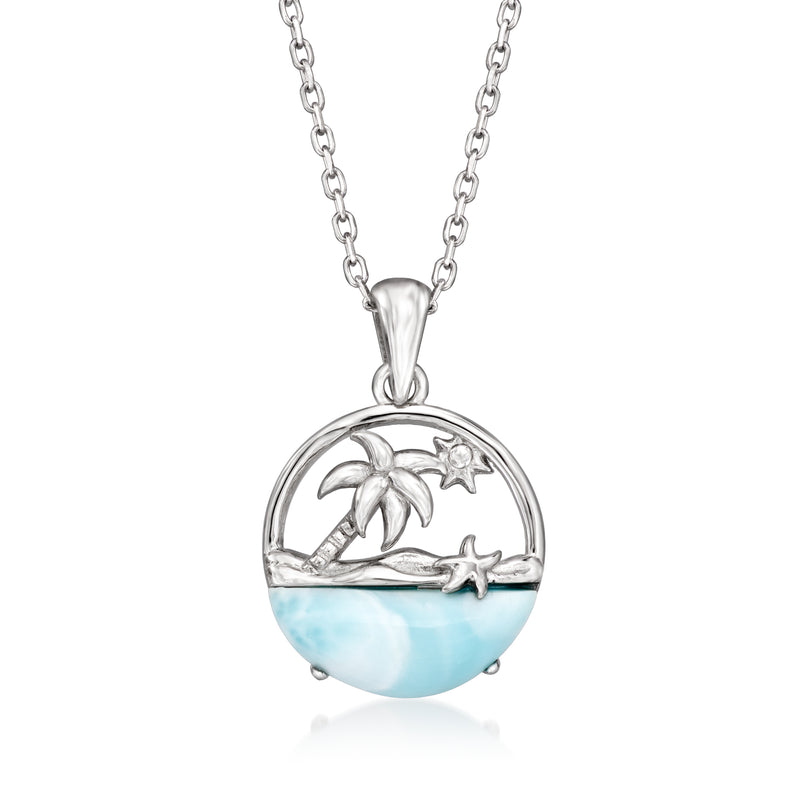 Sterling silver pendant necklace with round palm tree and blue Larimar inlay