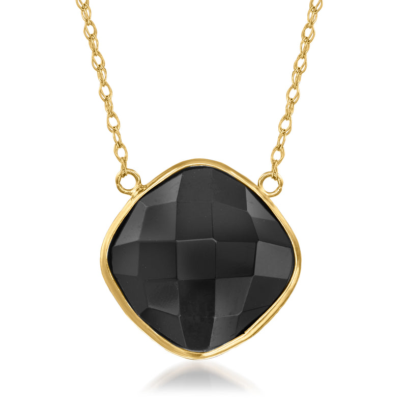 14kt yellow gold necklace with faceted black onyx teardrop pendant on link chain
