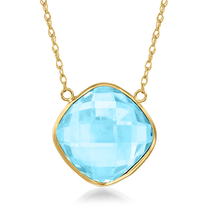 14kt yellow gold necklace with large sky blue topaz cushion pendant