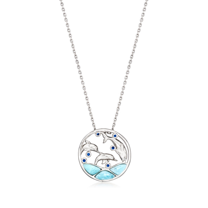 Sterling silver dolphin pendant necklace with round blue larimar and sapphire-blue accents