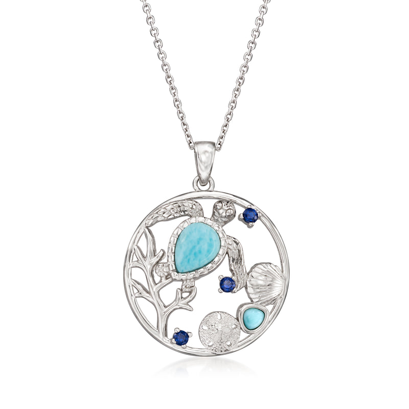 Sterling silver round sea life pendant necklace with turquoise Larimar and sapphire accents