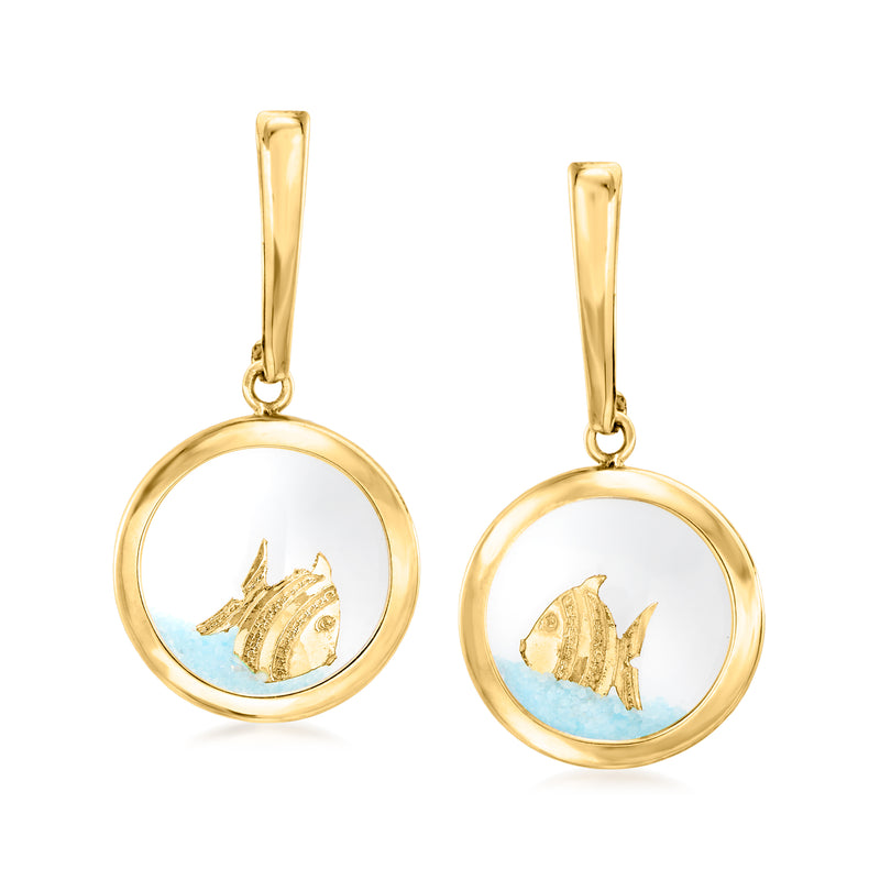 Gold drop earrings with circular glass scene of fish over blue sand