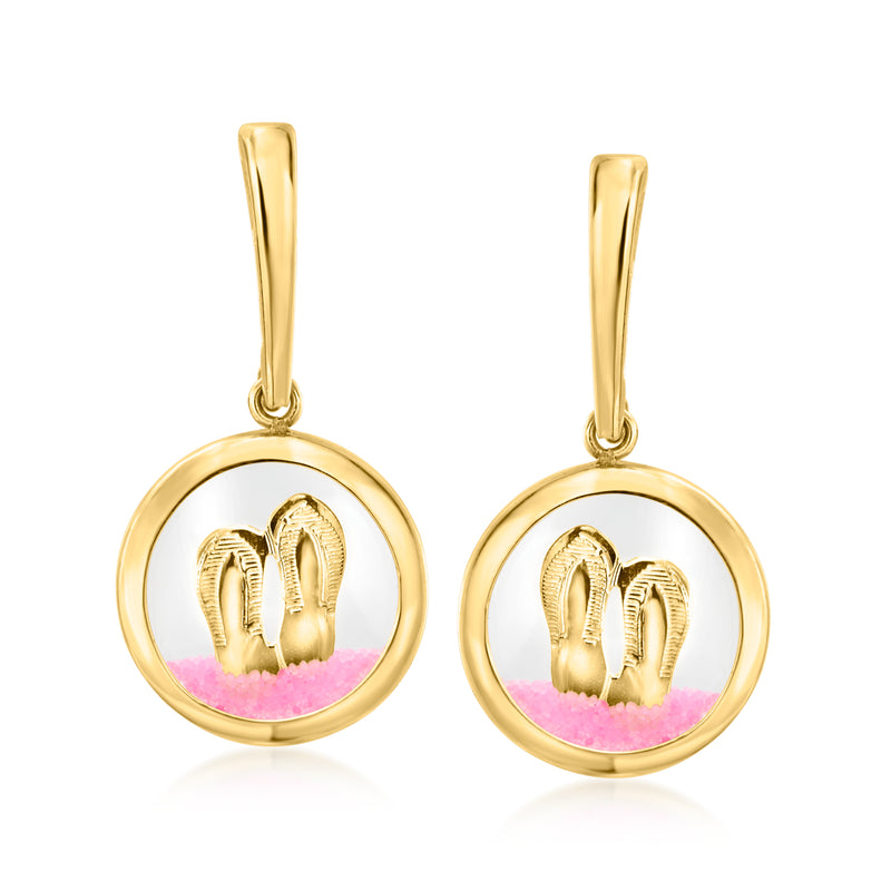 14kt yellow gold round drop earrings with pink sand scene and engraved gold motif