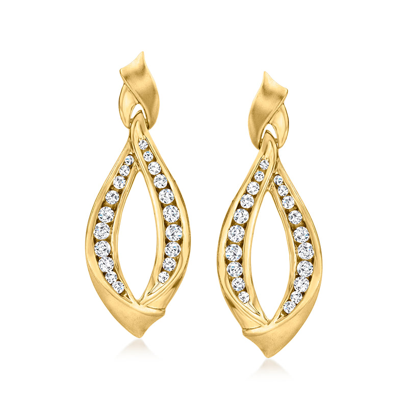 14kt yellow gold diamond teardrop ribbon drop earrings with oval cutout