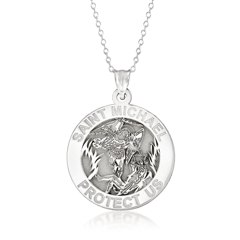 Sterling silver medal pendant necklace with circular Saint Michael Protect Us design