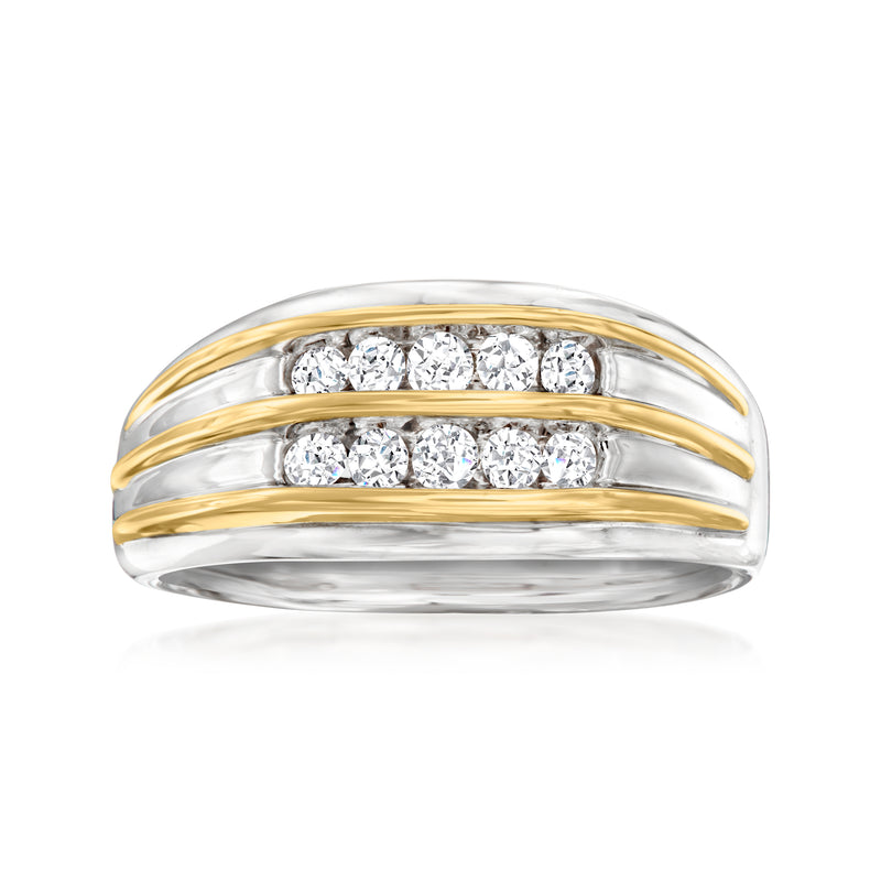 Men's two-tone gold diamond ring with three rows of round diamonds