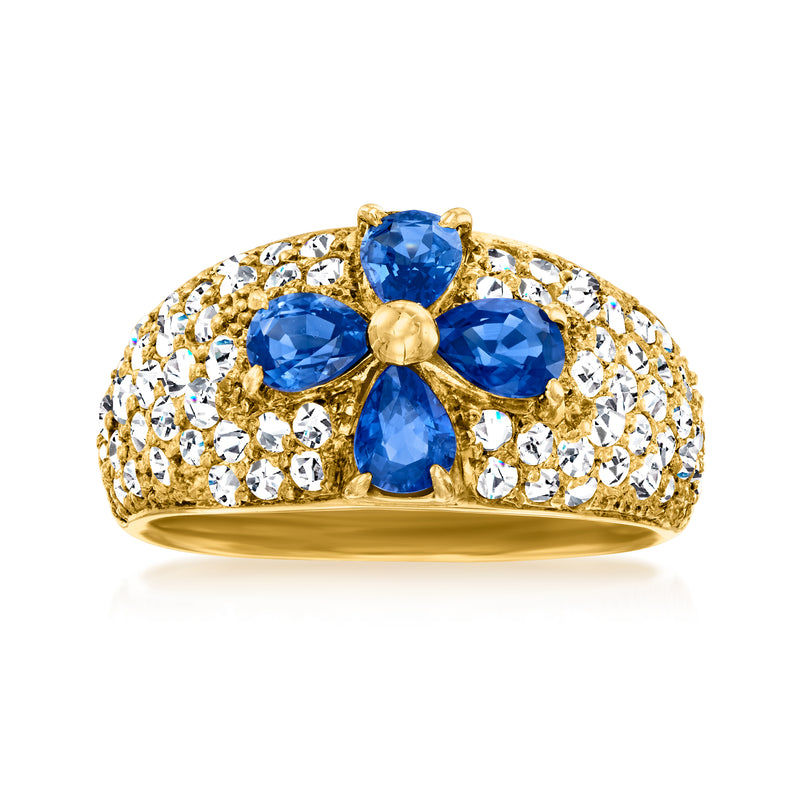 18k yellow gold vintage flower ring with blue sapphire center and round diamond accents