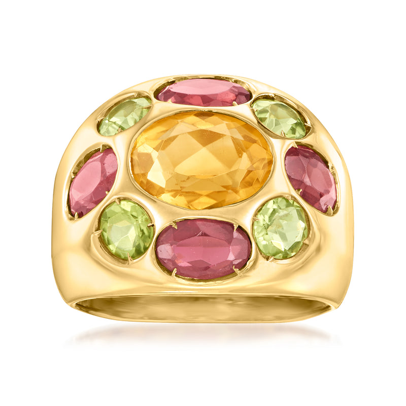 18kt yellow gold vintage gemstone ring with oval citrine center, pink and green stones