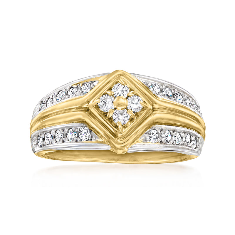 Vintage diamond ring in platinum and 18k yellow gold, with diamond cluster and pavé shoulders