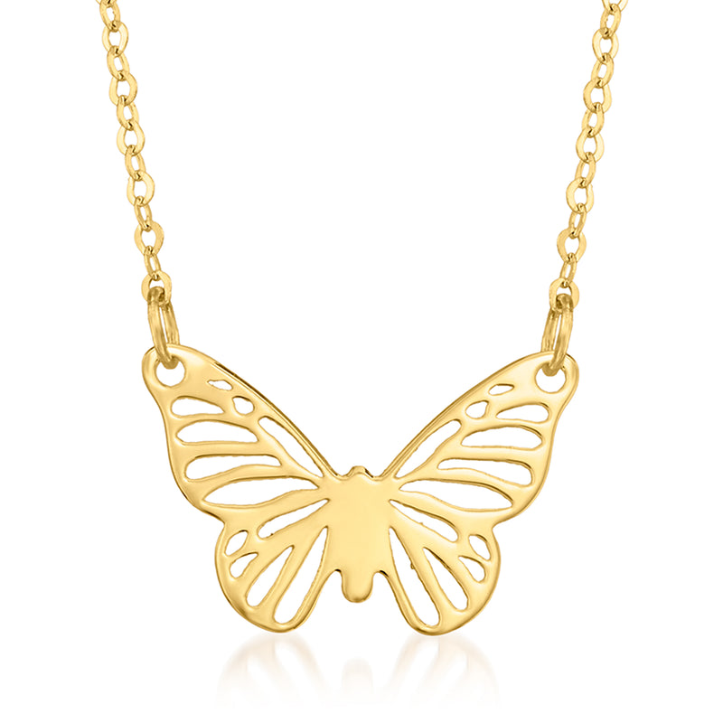Yellow gold butterfly pendant necklace with openwork wings on a rope chain