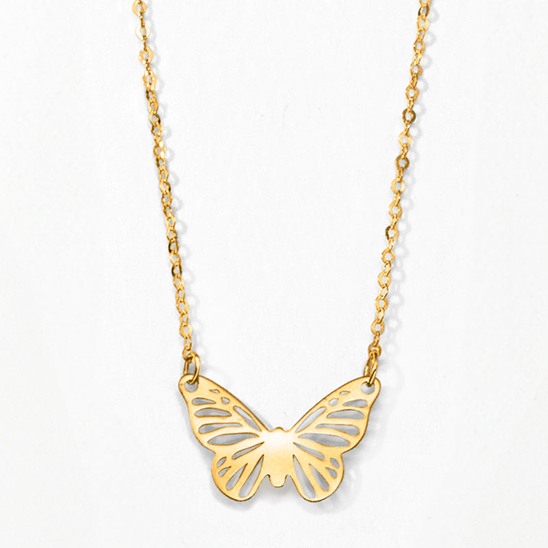 Yellow gold butterfly pendant necklace, scalloped openwork wing design