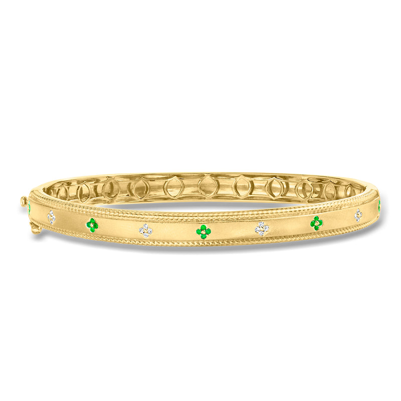 Gold bangle bracelet with emerald green flower charms and diamond accents
