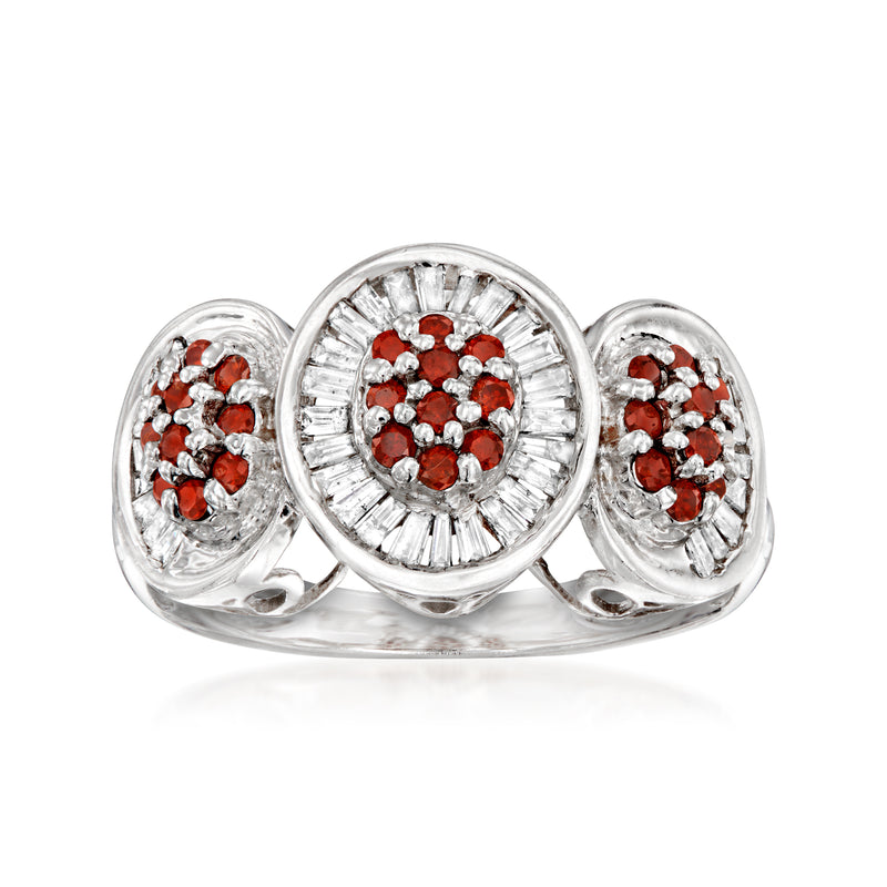 14kt white gold circle cluster ring with white and brown diamonds, three oval clusters
