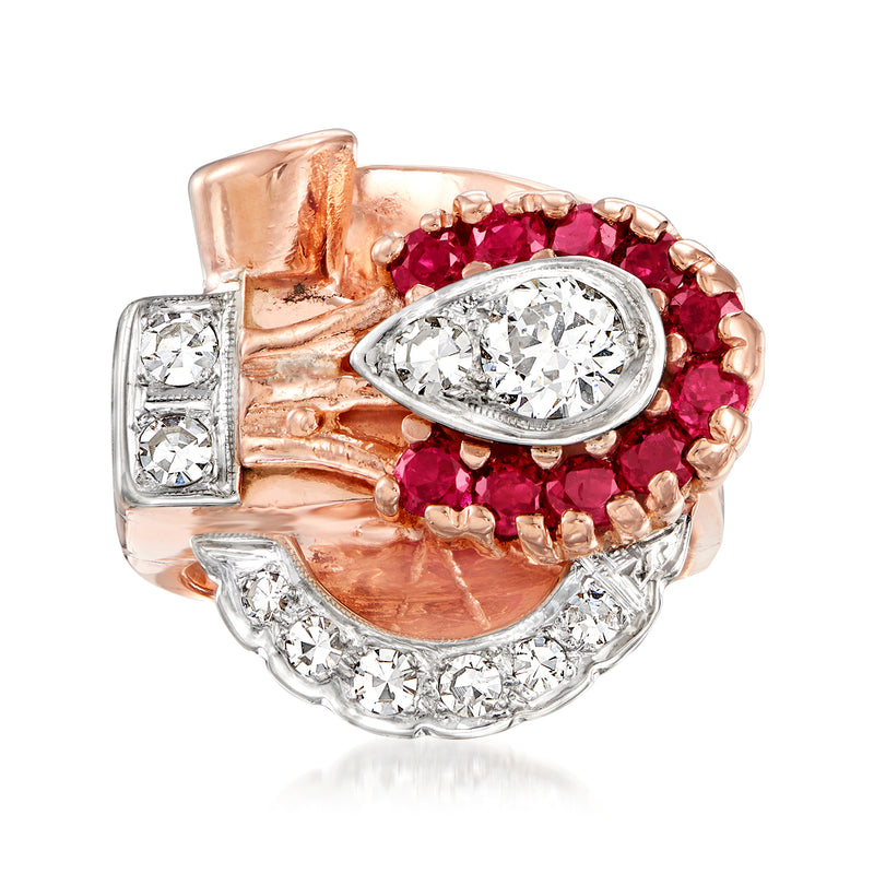 Two-tone gold ruby swirl ring with oval diamond center and round diamond accents
