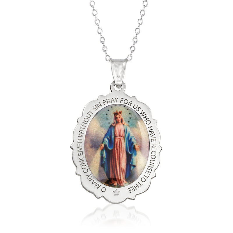 Sterling silver necklace with round multicolor enamel miraculous medal pendant