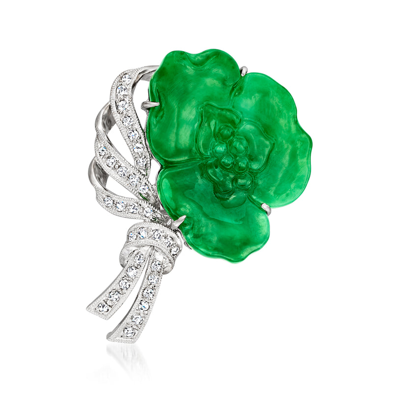 Jade green flower pin with diamond accents in white gold, detailed scalloped petals